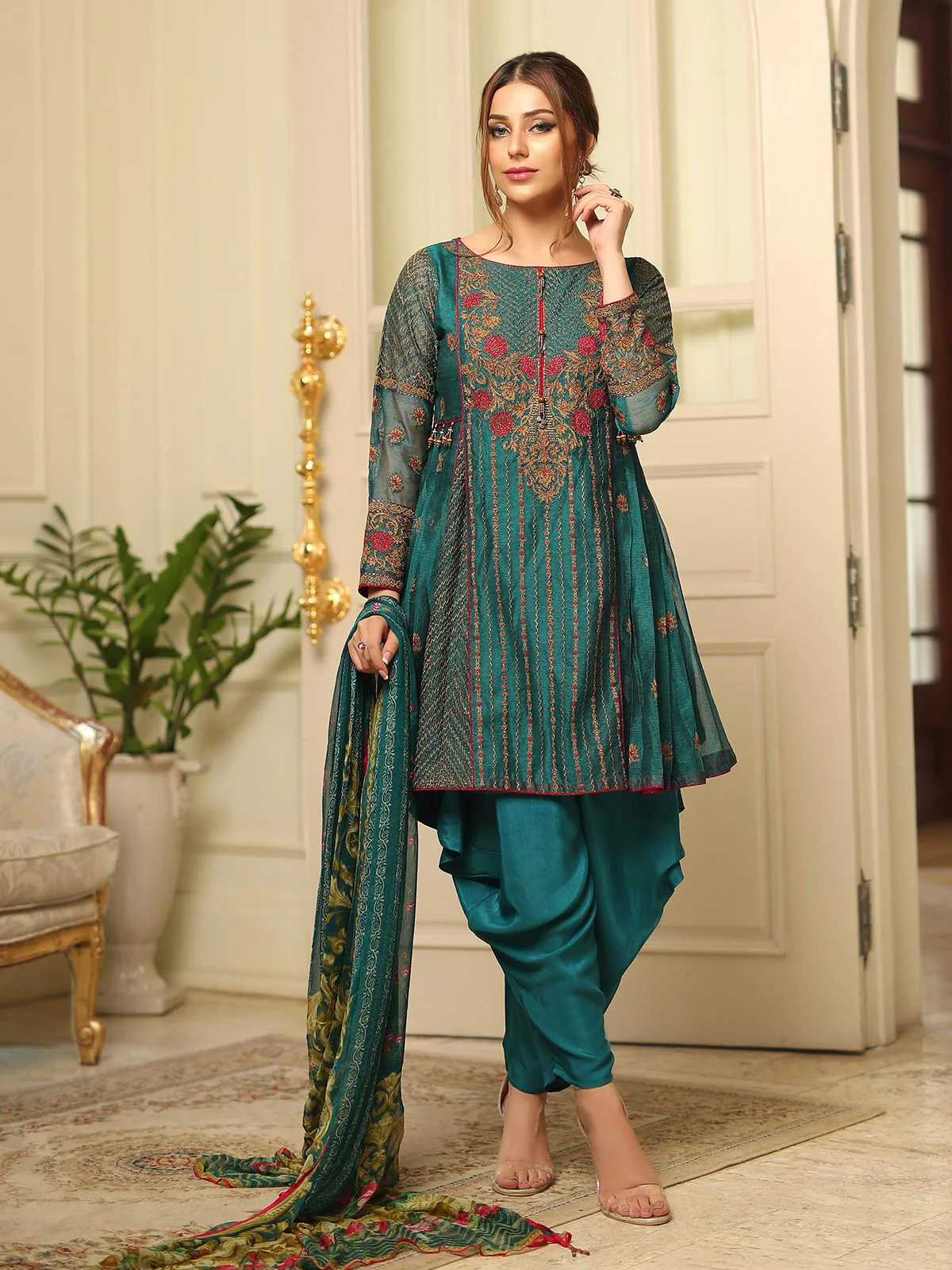 Embroidered Silk Suit - ELU19V5-19803