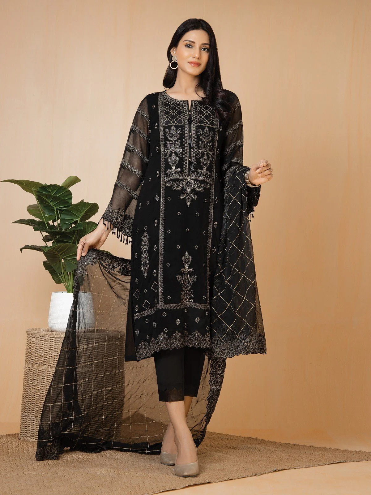 Embroidered Chiffon Suit - EWU22V5-23592
