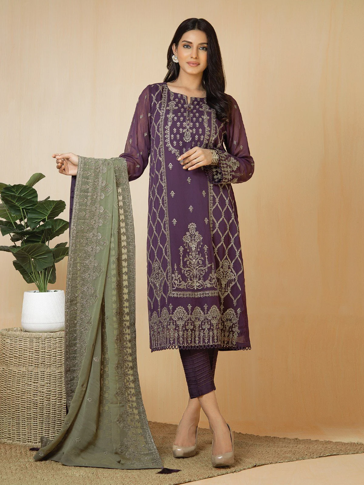 Embroidered Chiffon Suit - EWU22V5-23593