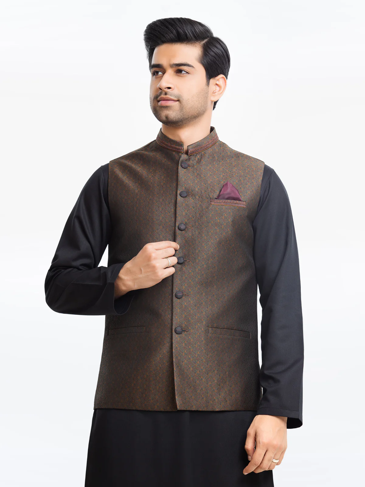Embroidered Jamawar Waistcoat - EMTWCC23-158 - Image 3