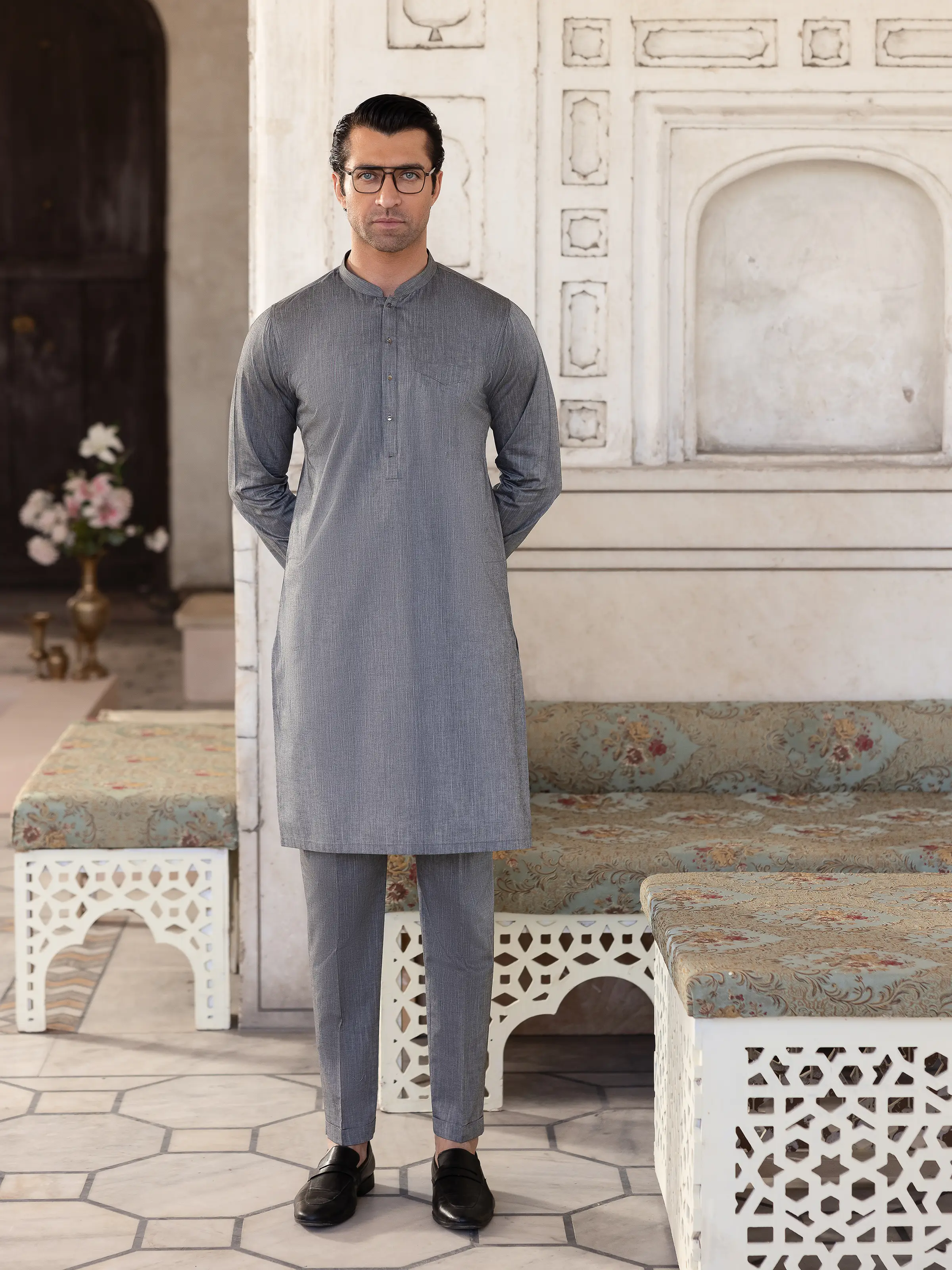 Embroidered Chambray Kurta Pajama - EMTKPT5-056