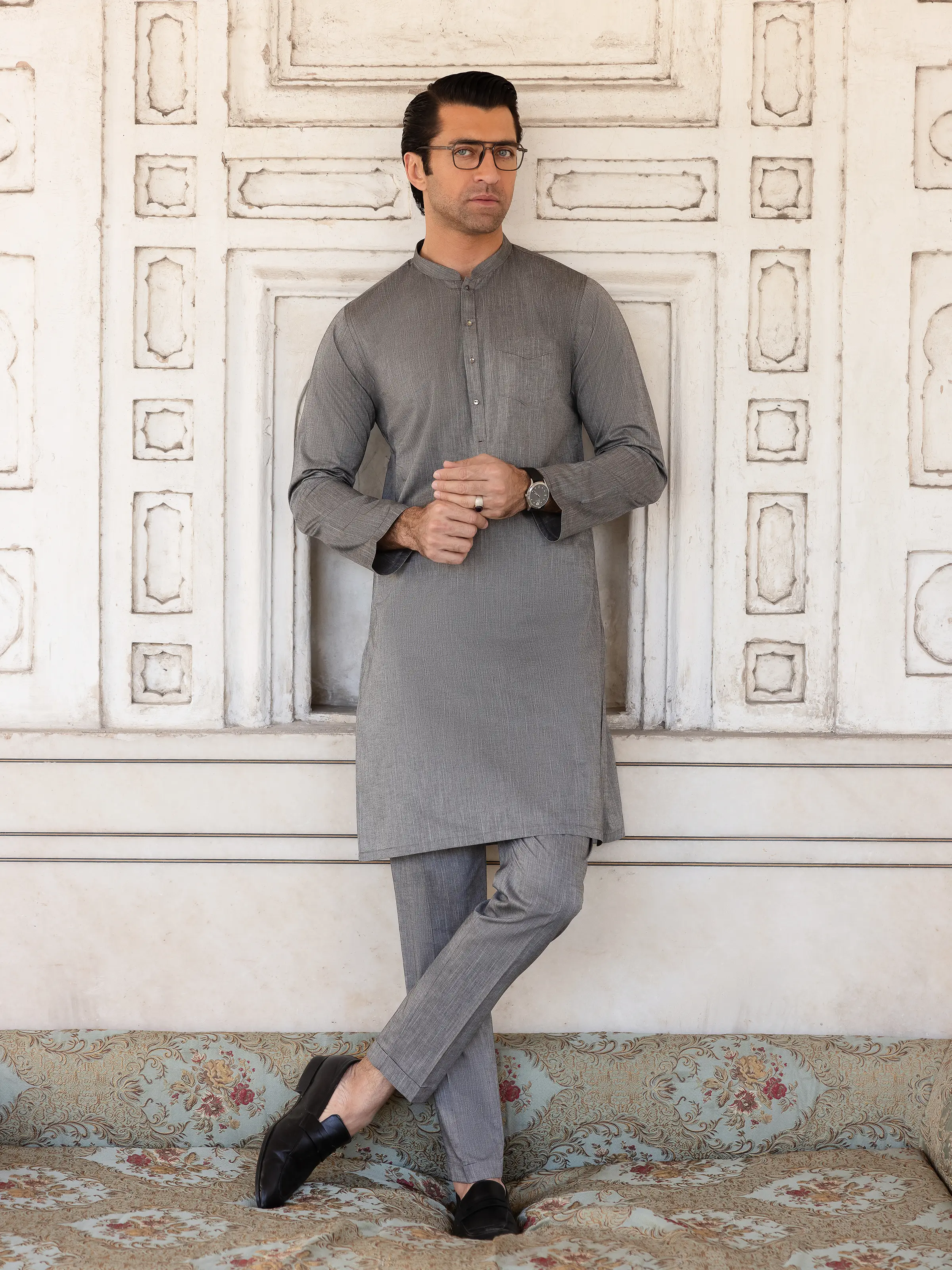 Embroidered Chambray Kurta Pajama - EMTKPT5-056 - Image 3