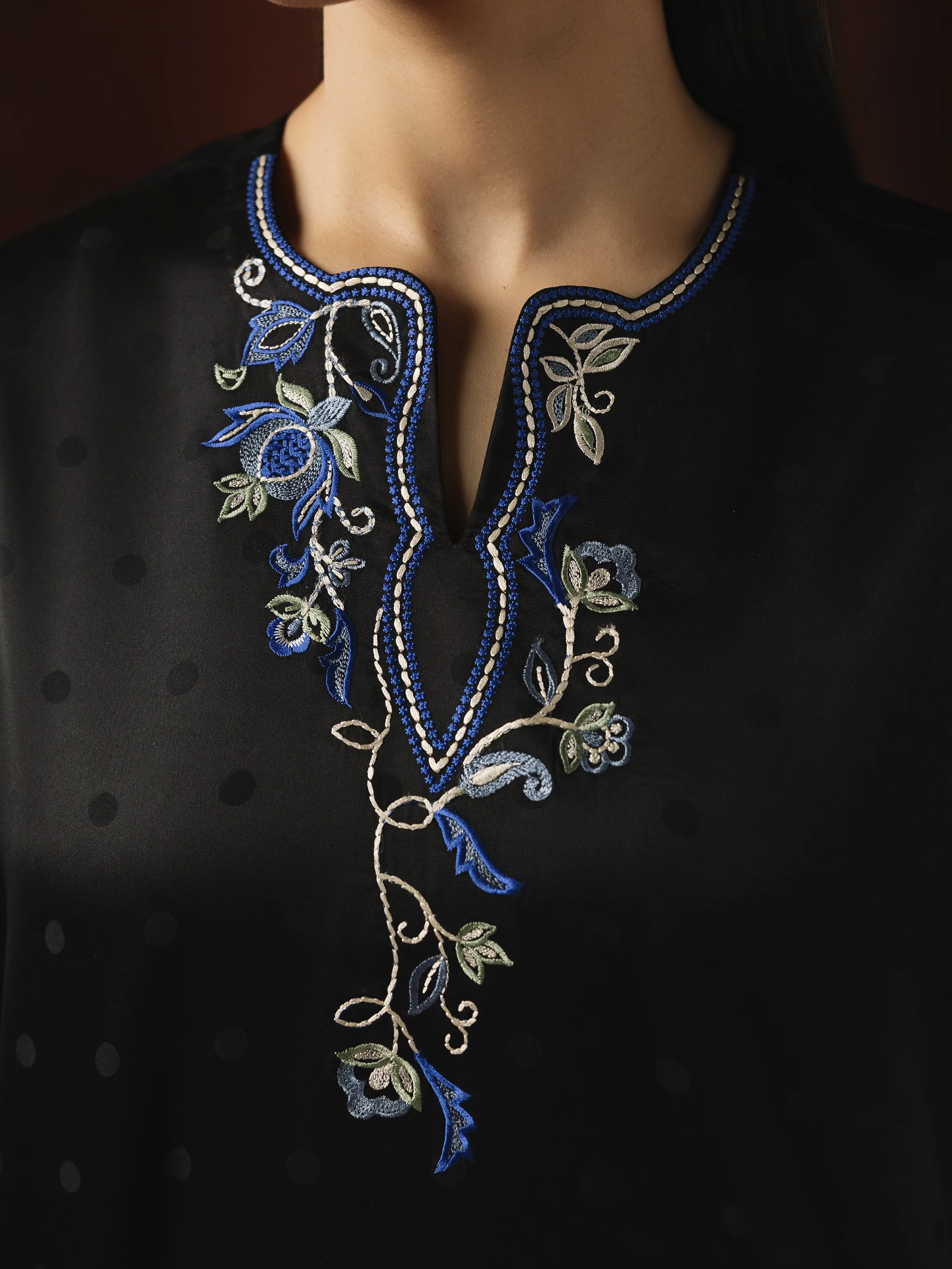 Embroidered Cotton Satin Co-Ord Set - EWTKED6-86156ST - Image 4