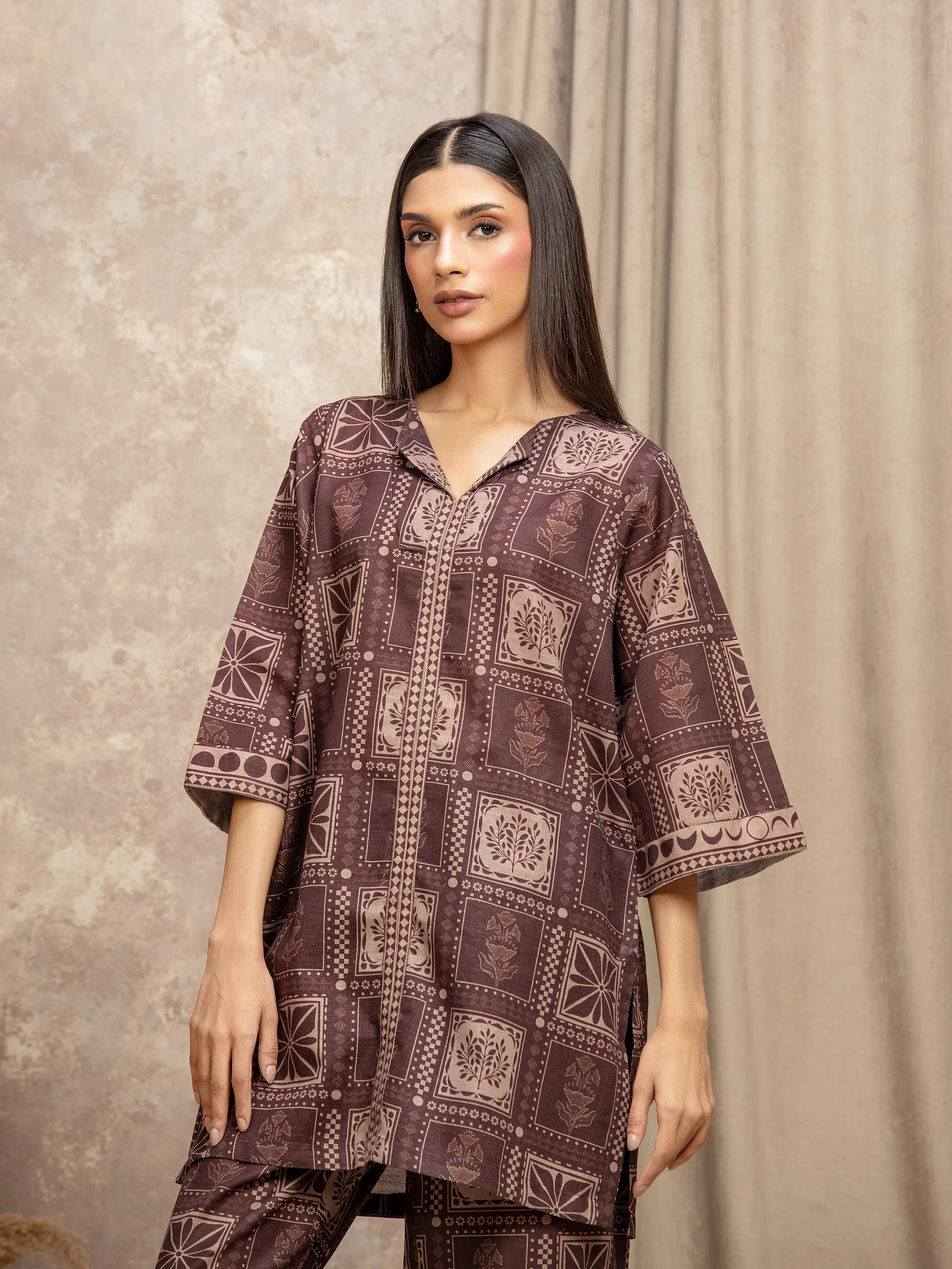 Printed Khaddar Co-Ord Set - EWTKP5-84041ST - Image 2