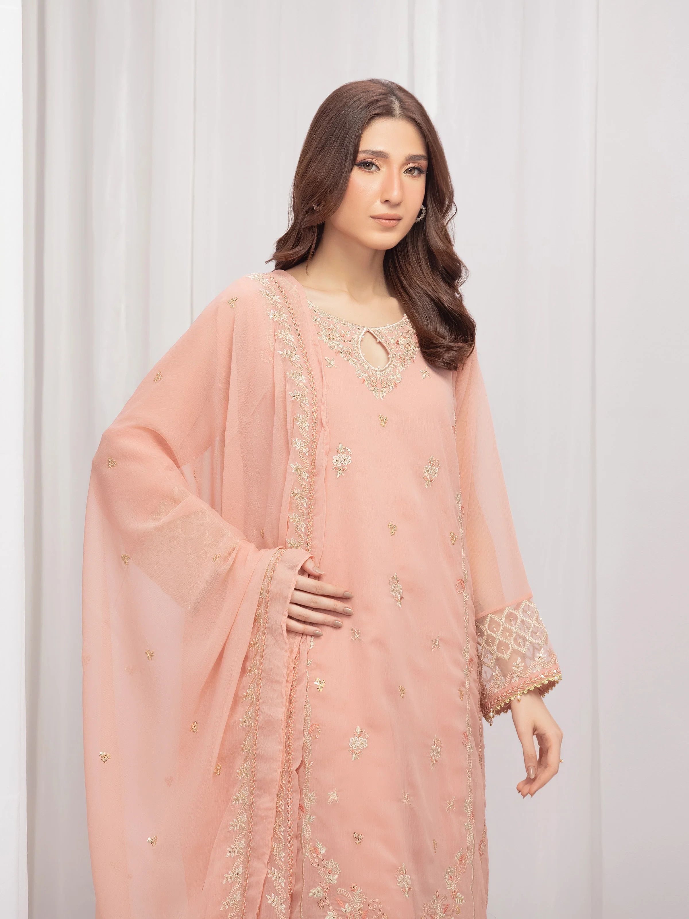 Embroidered Chiffon Suit - EWTPLE5-00046-3P - Image 2