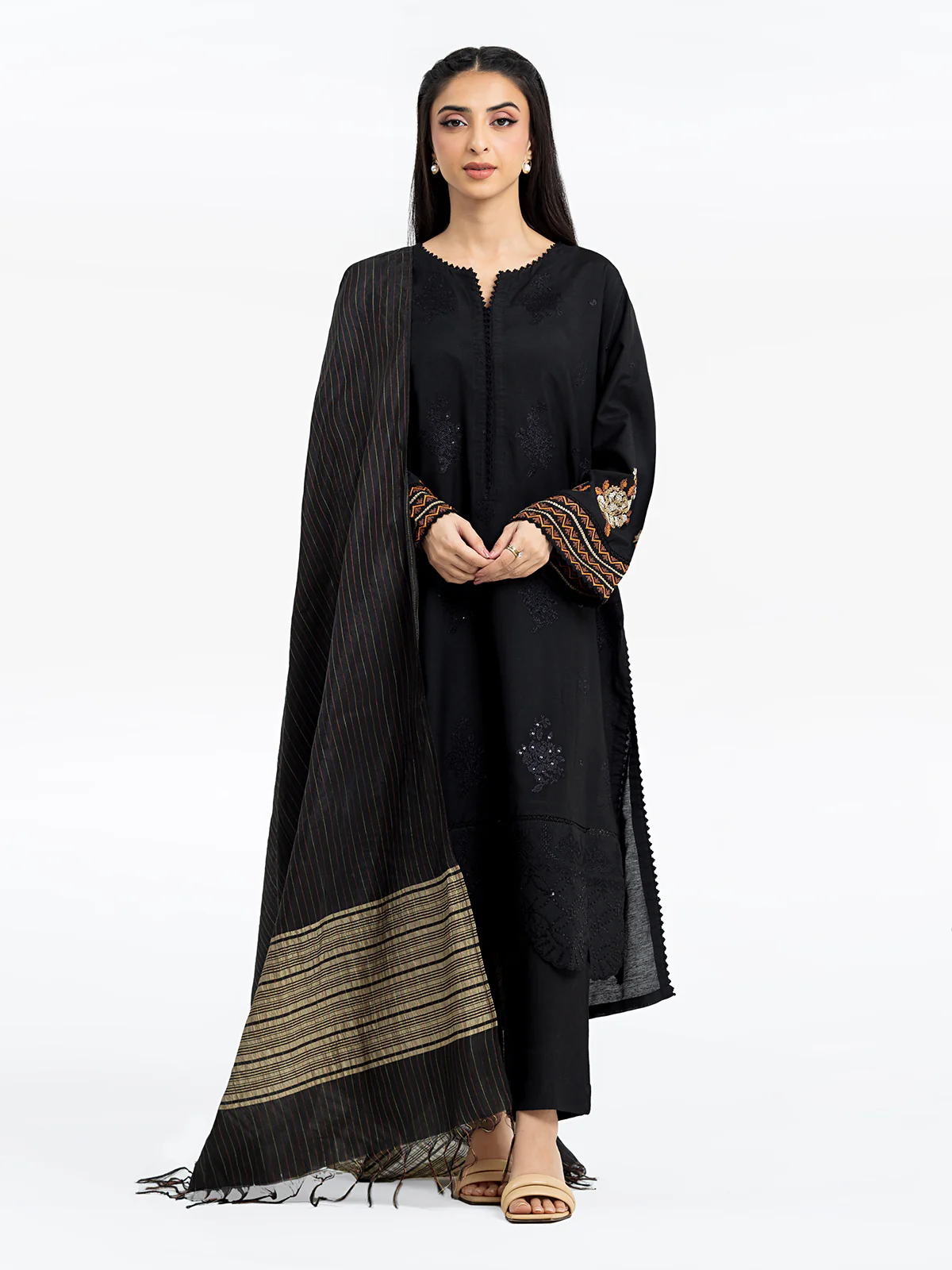 Embroidered Cotton Satin Suit - EWTKE24-69694-3P - Image 2