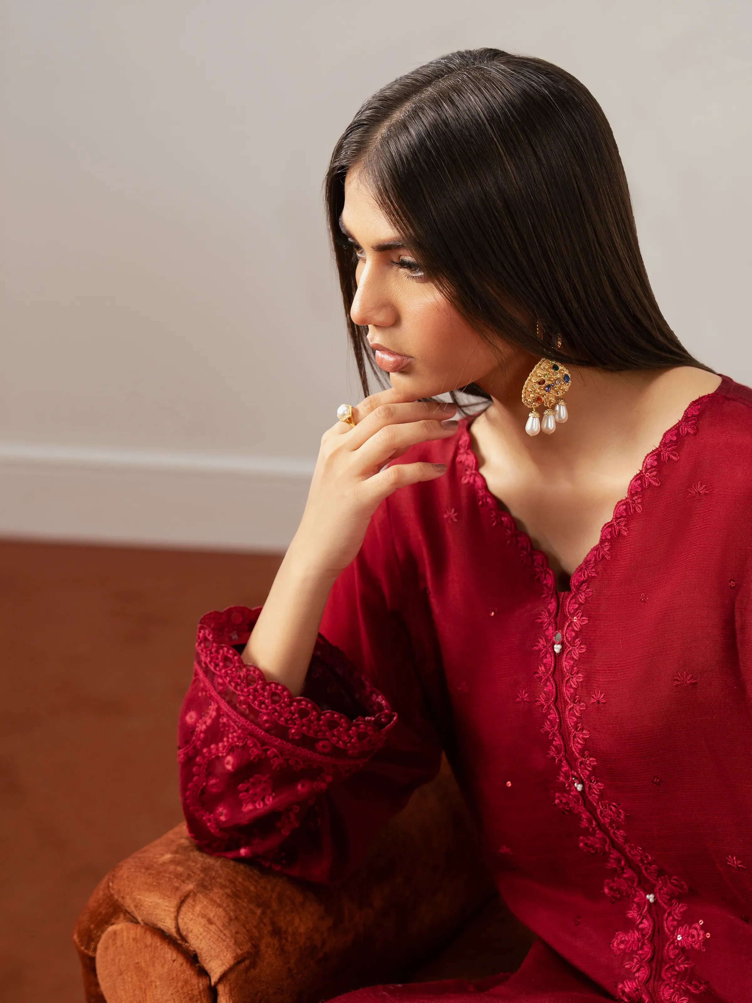 Embroidered Raw Silk Suit - EWTPLE24-00043-3P - Image 3
