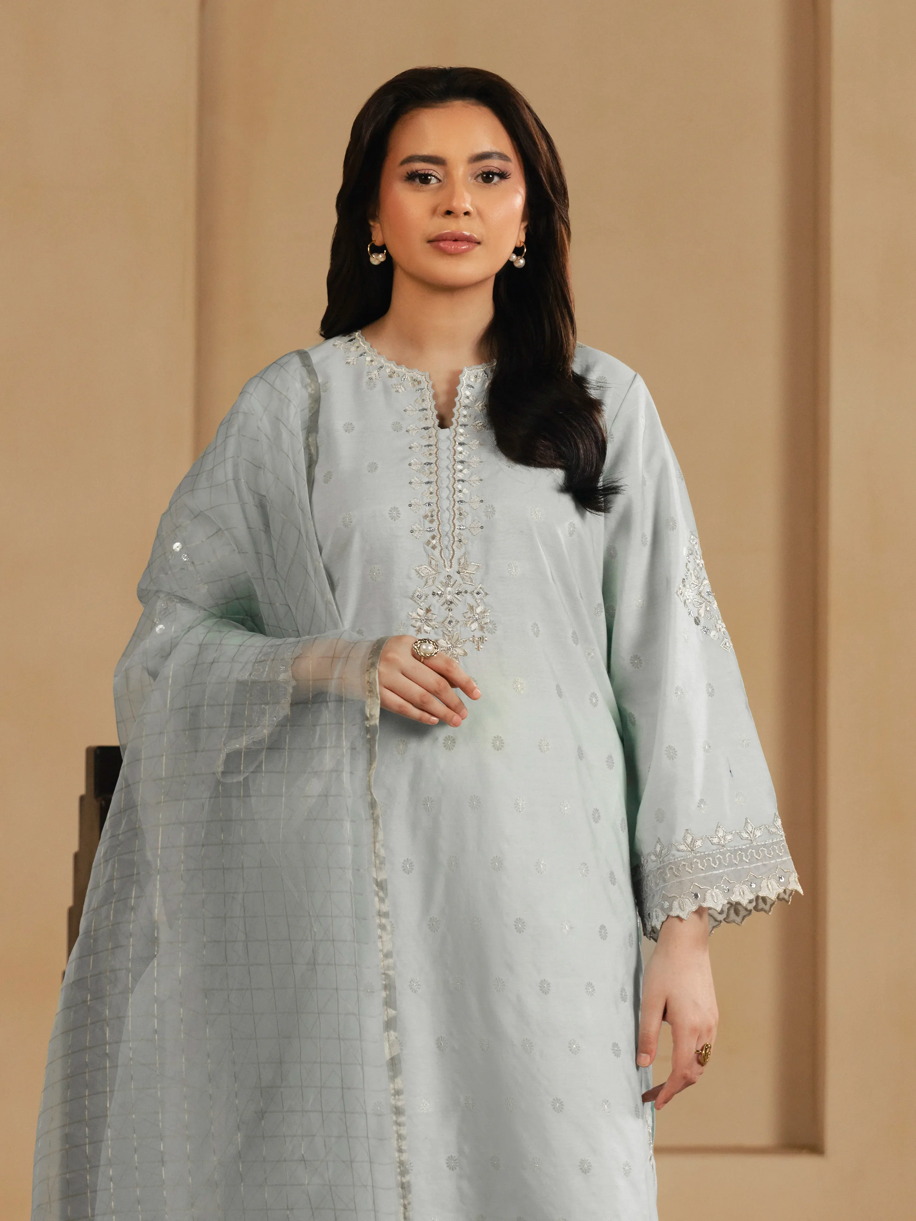 Embroidered Jacquard Suit - EWTKED6-86139-3P - Image 2