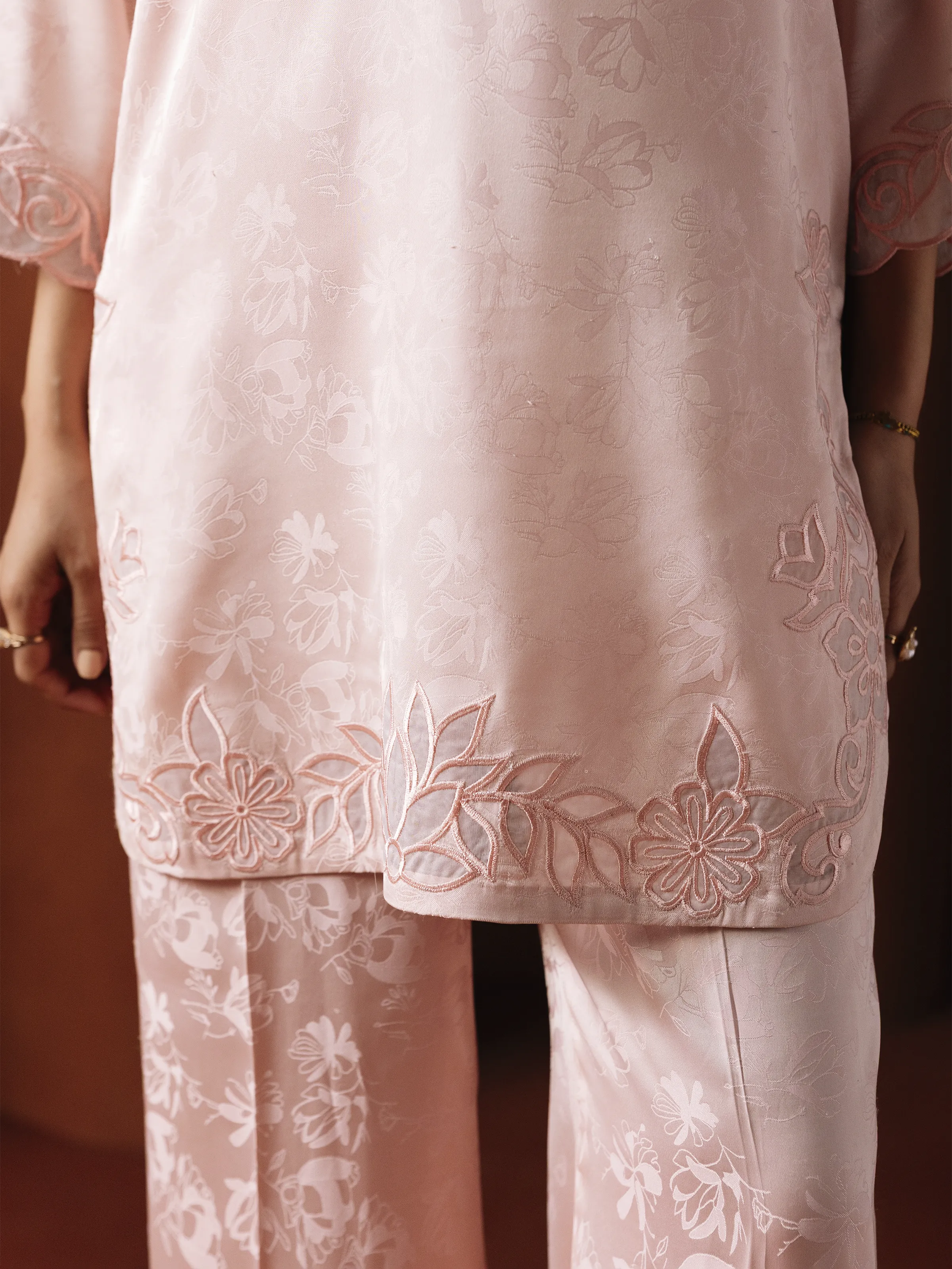Embroidered Cotton Satin Co-Ord Set - EWTKED6-86150ST - Image 3