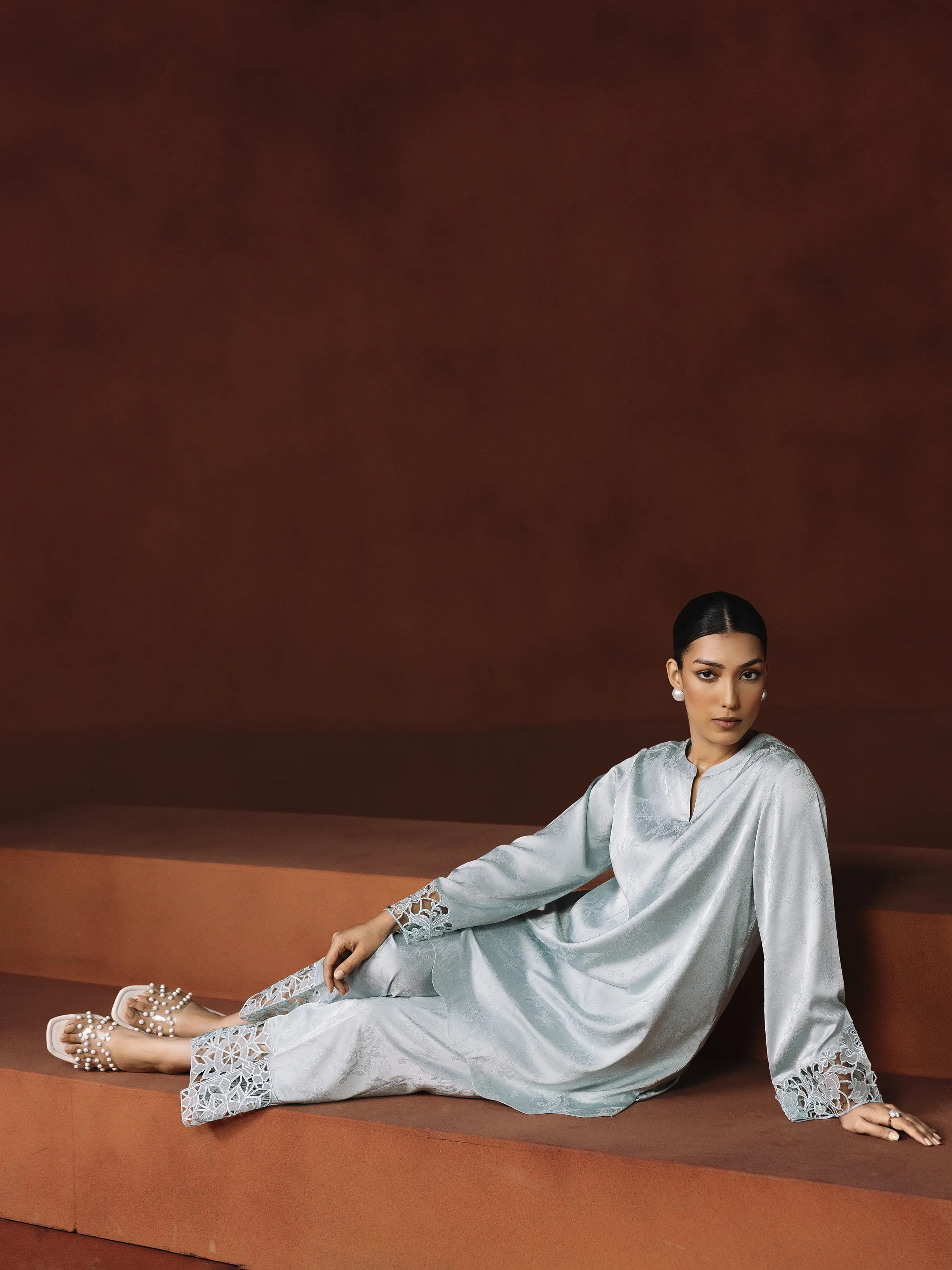 Embroidered Cotton Satin Co-Ord Set - EWTKED6-86157ST - Image 3