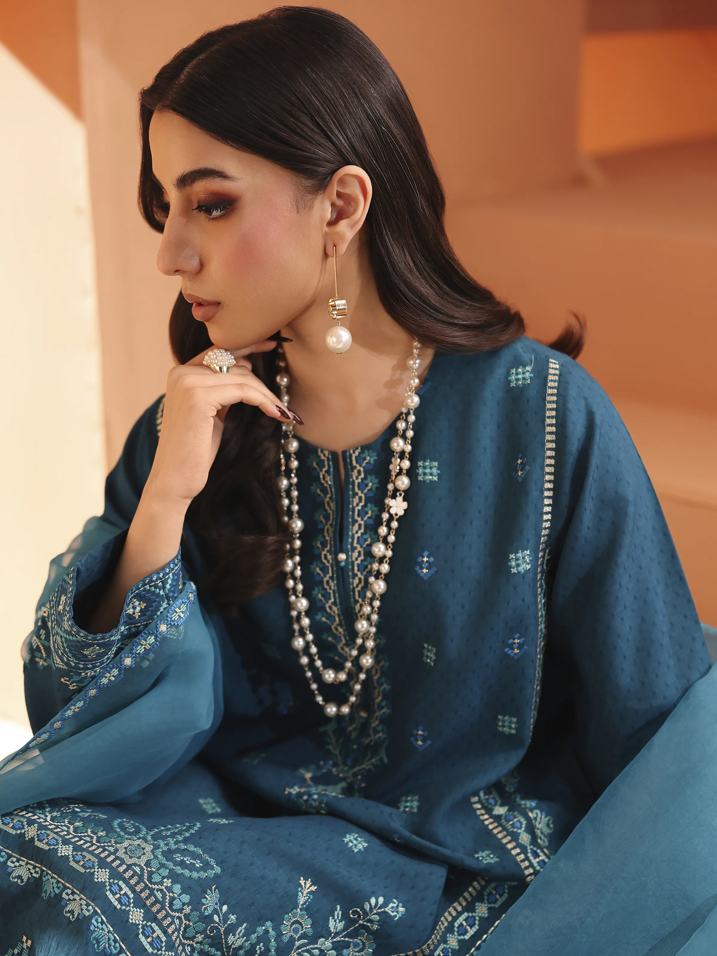 Embroidered Viscose Suit - EWTKED6-84117-3P - Image 2