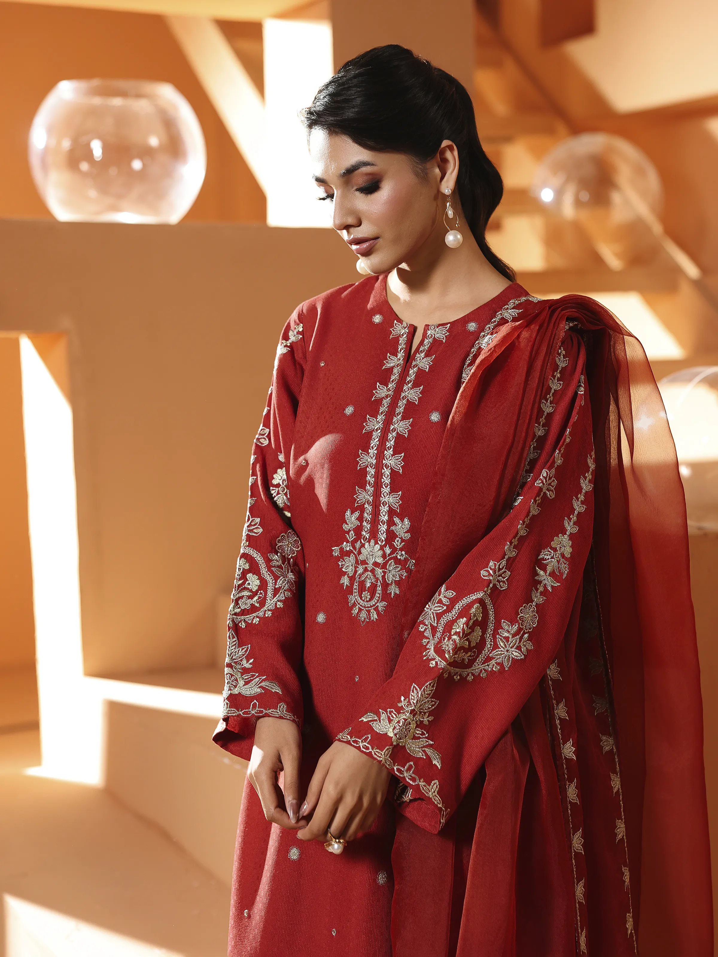 Embroidered Viscose Suit - EWTKED6-84119-3P - Image 3