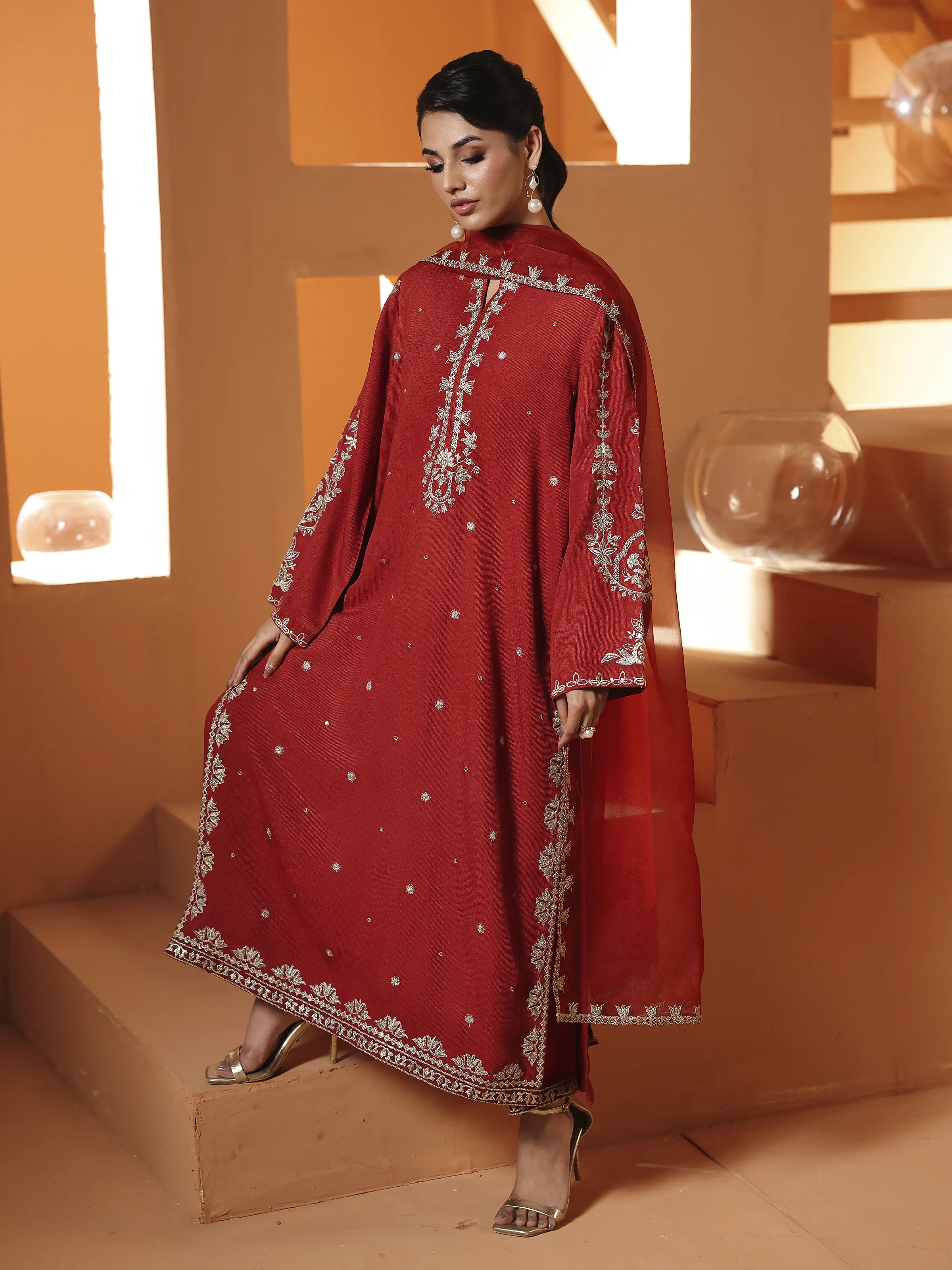 Embroidered Viscose Suit - EWTKED6-84119-3P - Image 5