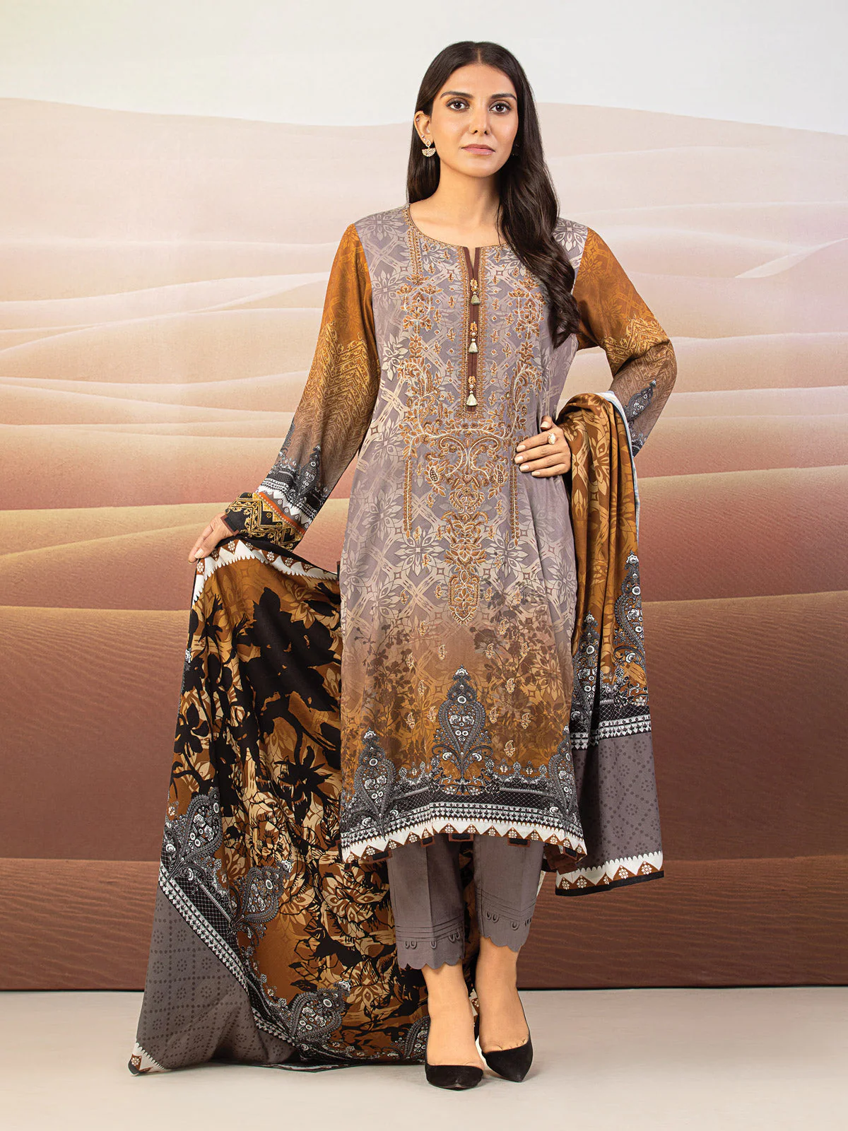Embroidered Crepe Shirt Trouser - EWU22V10-25019ST