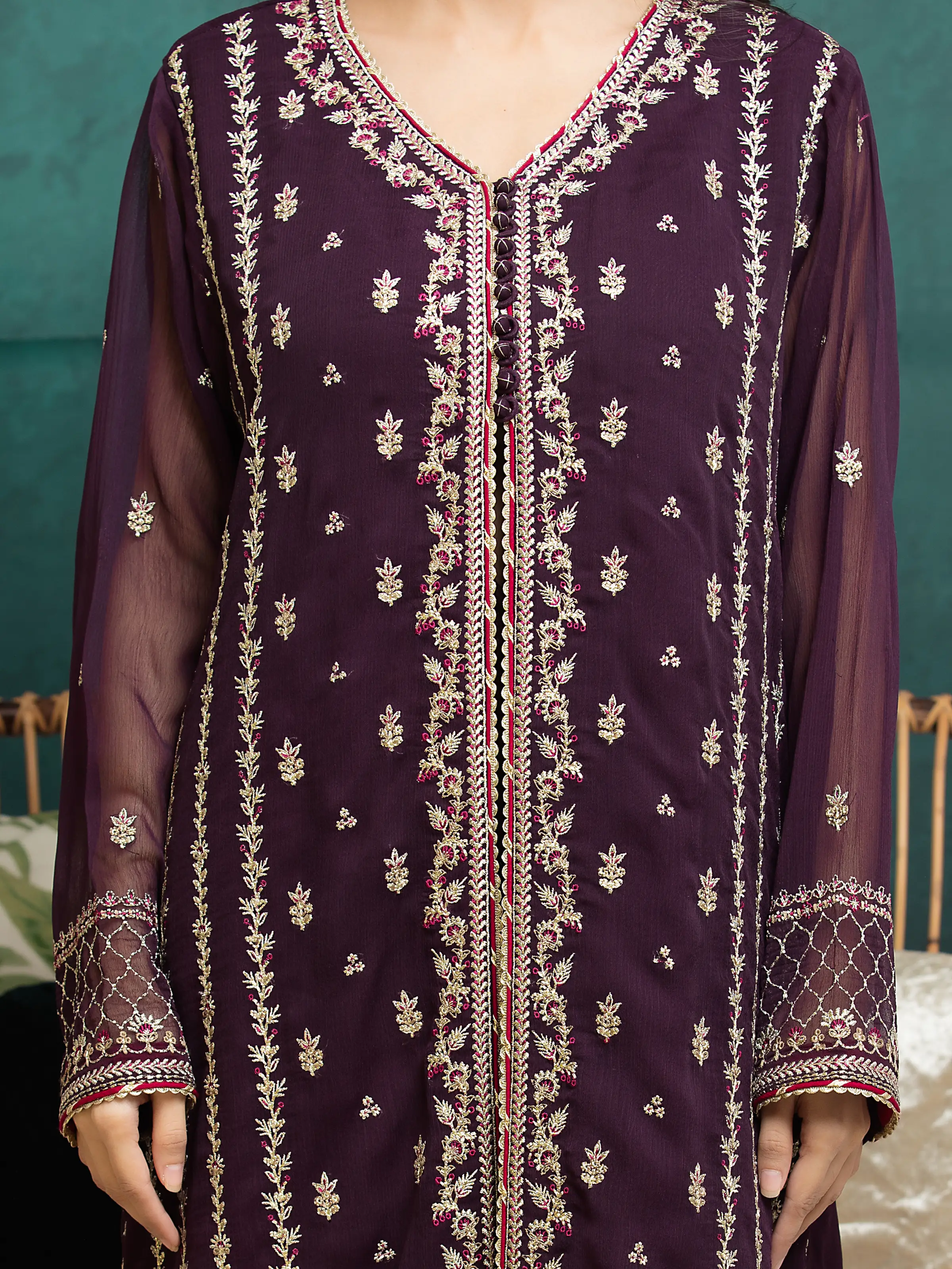 Embroidered Chiffon Shirt Trouser - EWU24V5-30328ST - Image 4