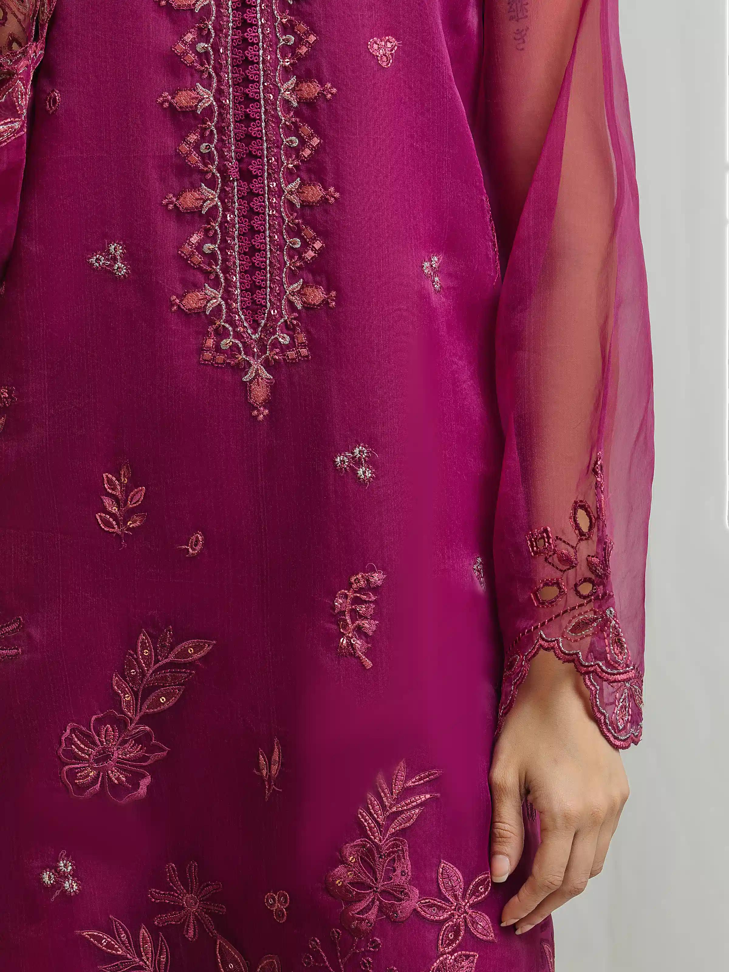 Embroidered Organza Suit - EWU5V4-31262-3P - Image 3