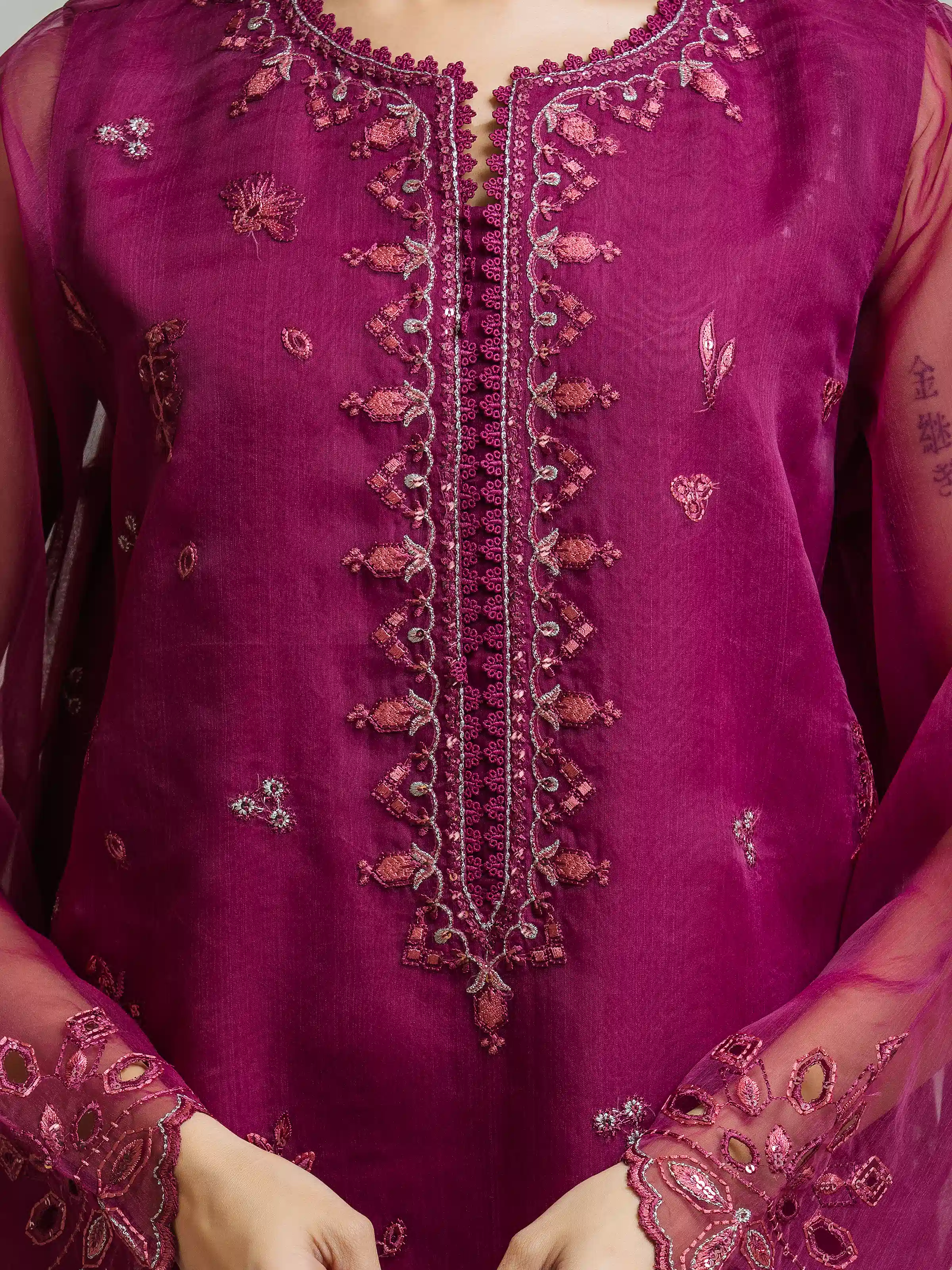 Embroidered Organza Suit - EWU5V4-31262-3P - Image 4