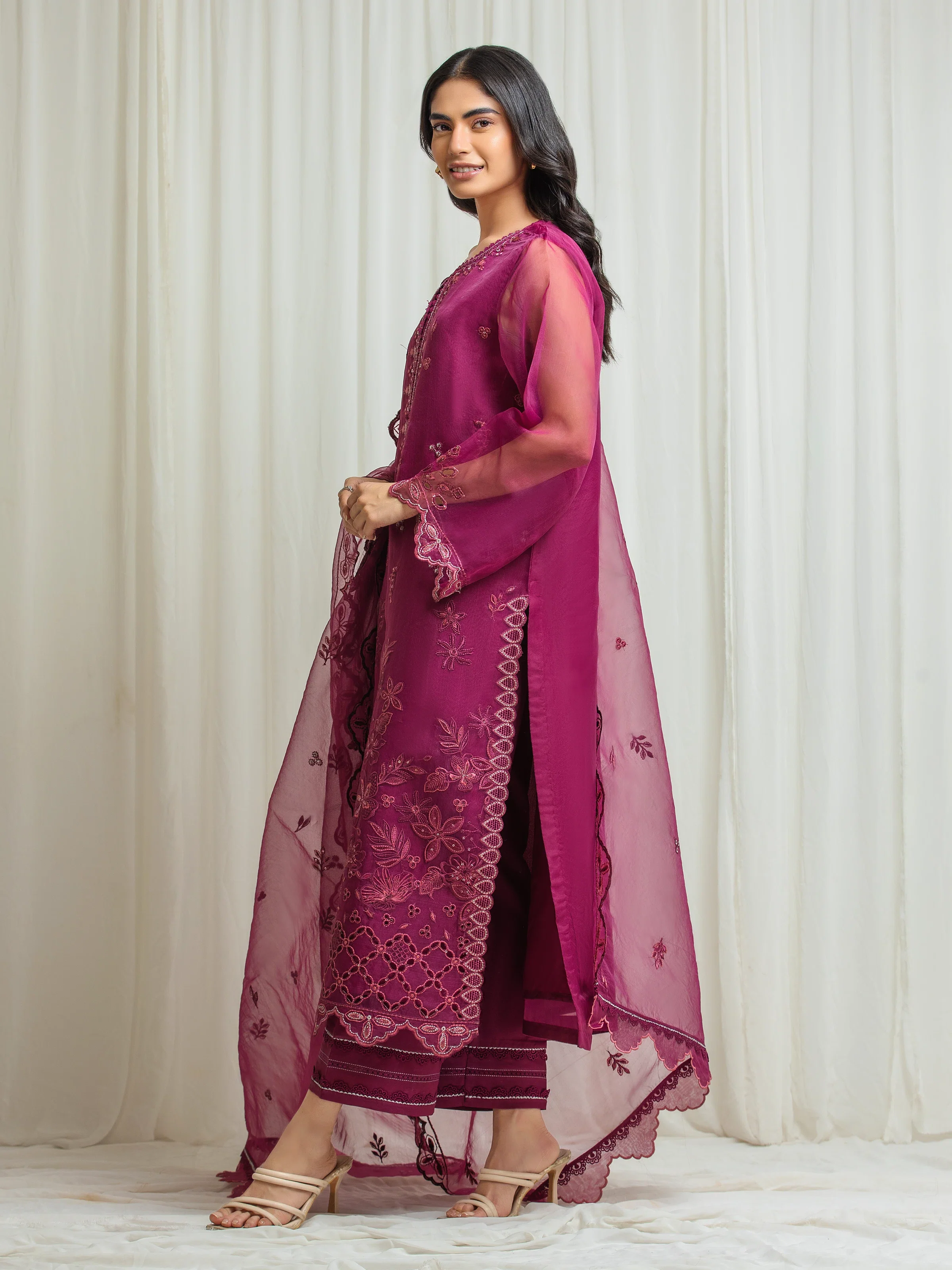 Embroidered Organza Suit - EWU5V4-31262-3P - Image 5