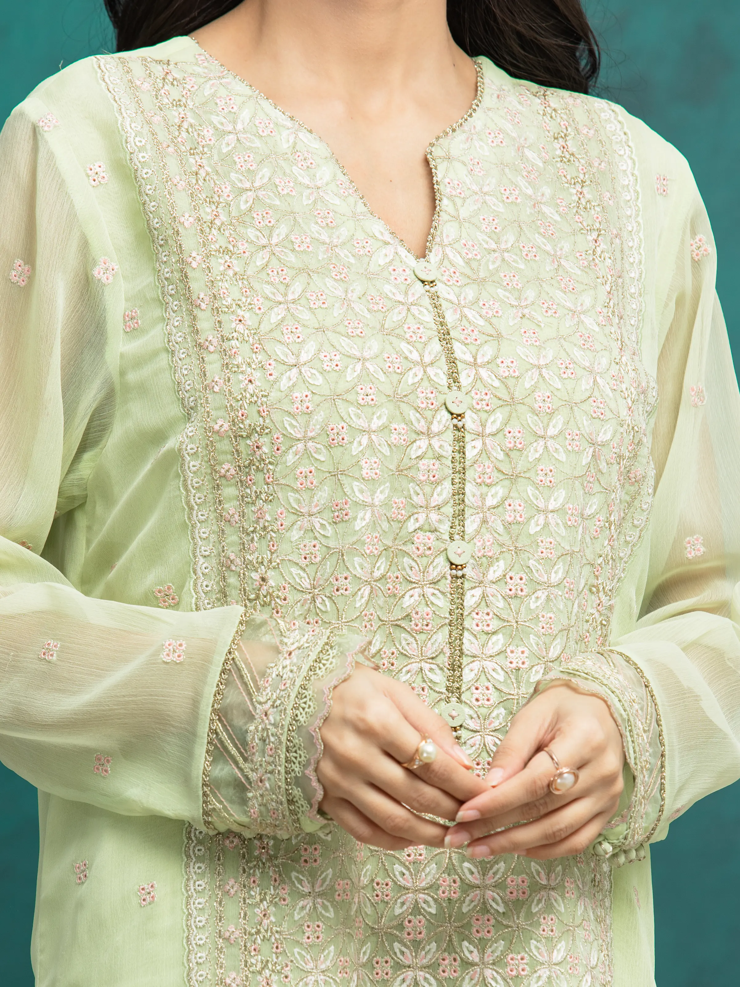 Embroidered Chiffon Suit - EWU24V5-30327-3P - Image 3