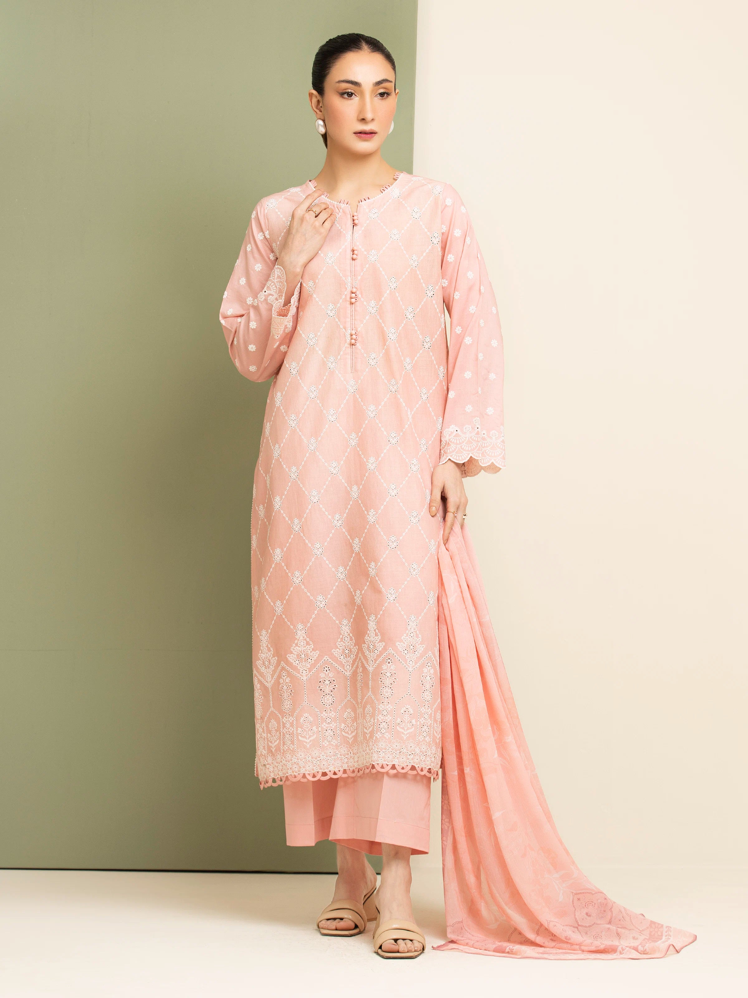 Embroidered Cambric Suit - EWU5V2-31022-3P