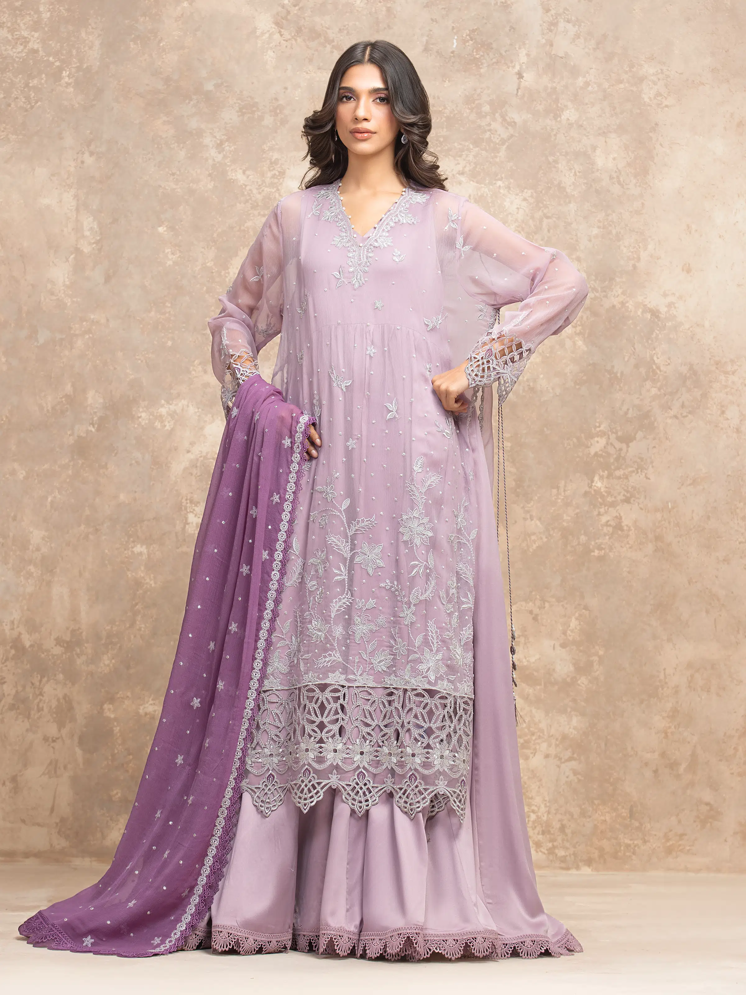 Embroidered Chiffon Suit - EWU5V5-31300-3P