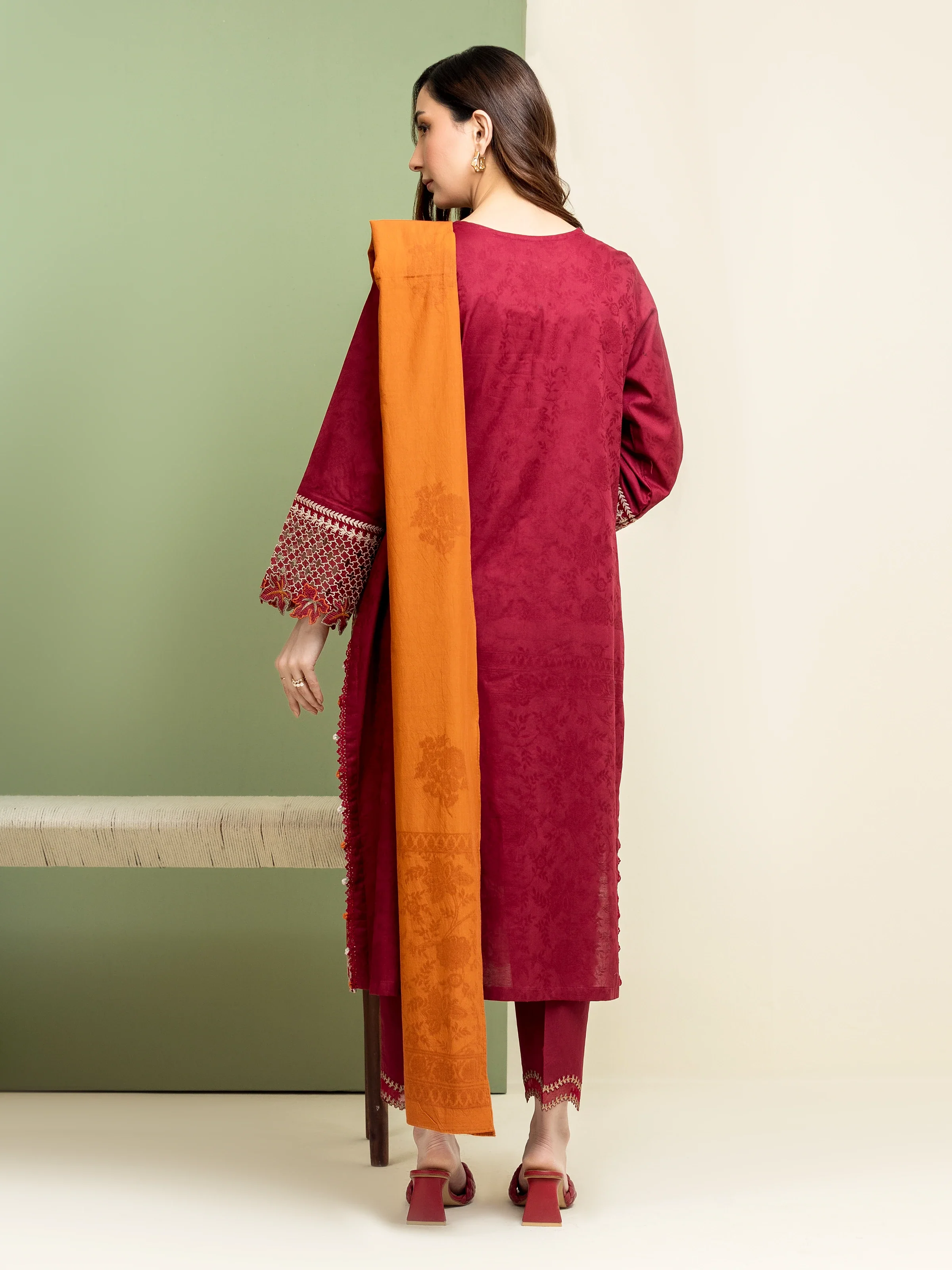 Embroidered Self Jacquard Suit - EWU5V3-31154-3P - Image 5