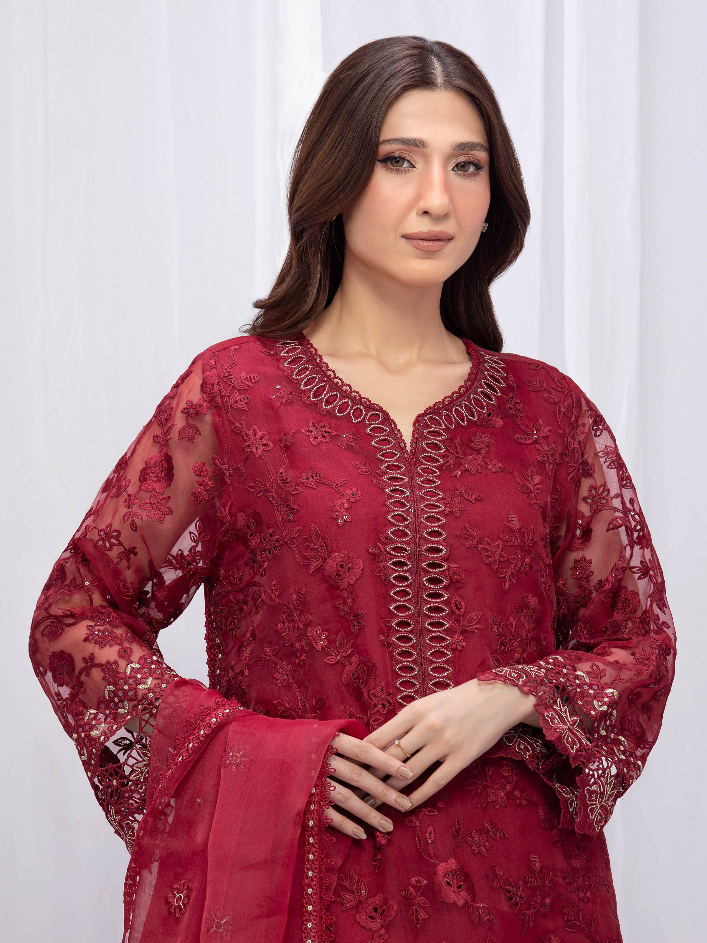 Embroidered Organza Suit - EWU5V4-31264-3P - Image 2