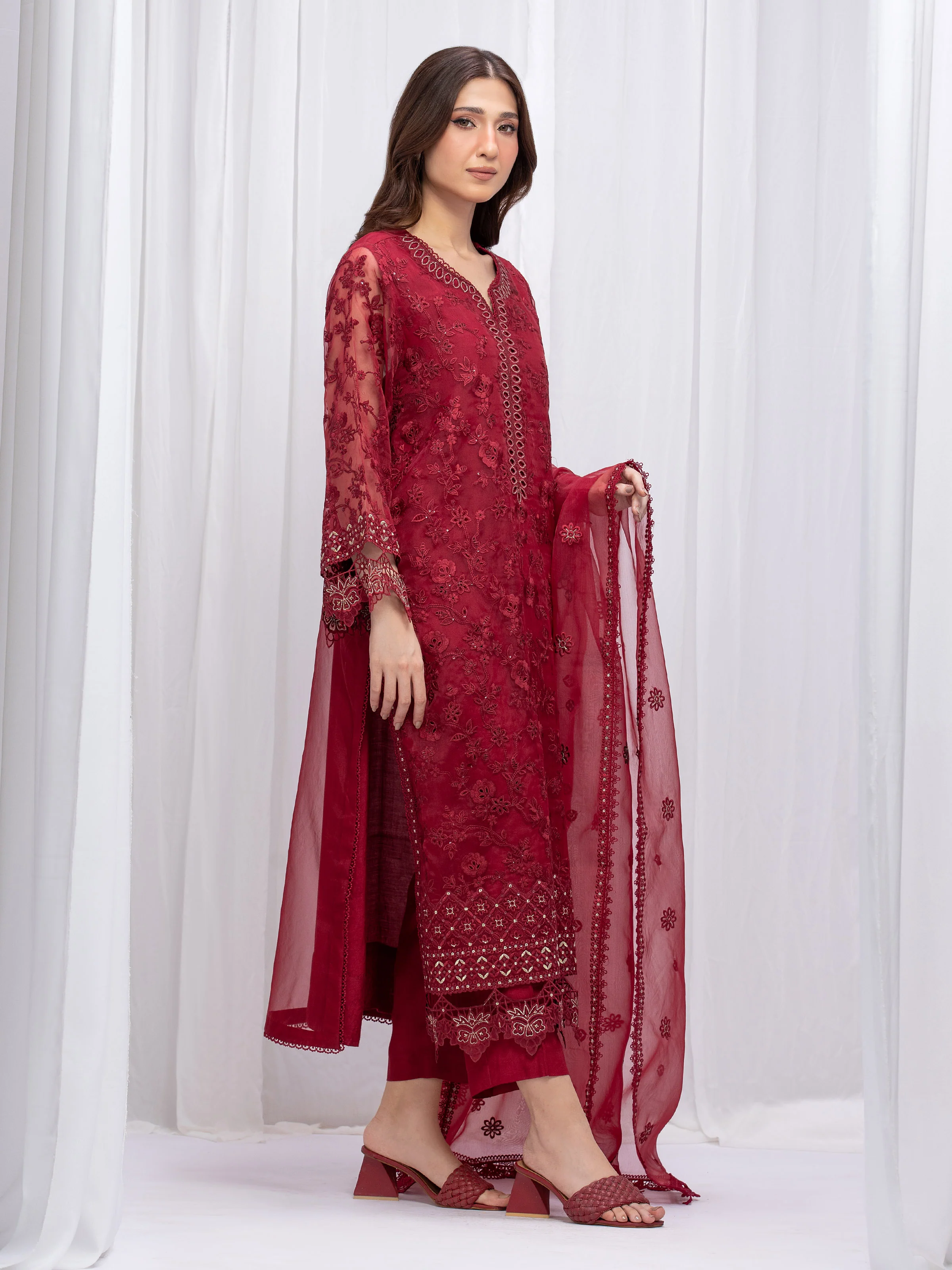 Embroidered Organza Suit - EWU5V4-31264-3P - Image 3