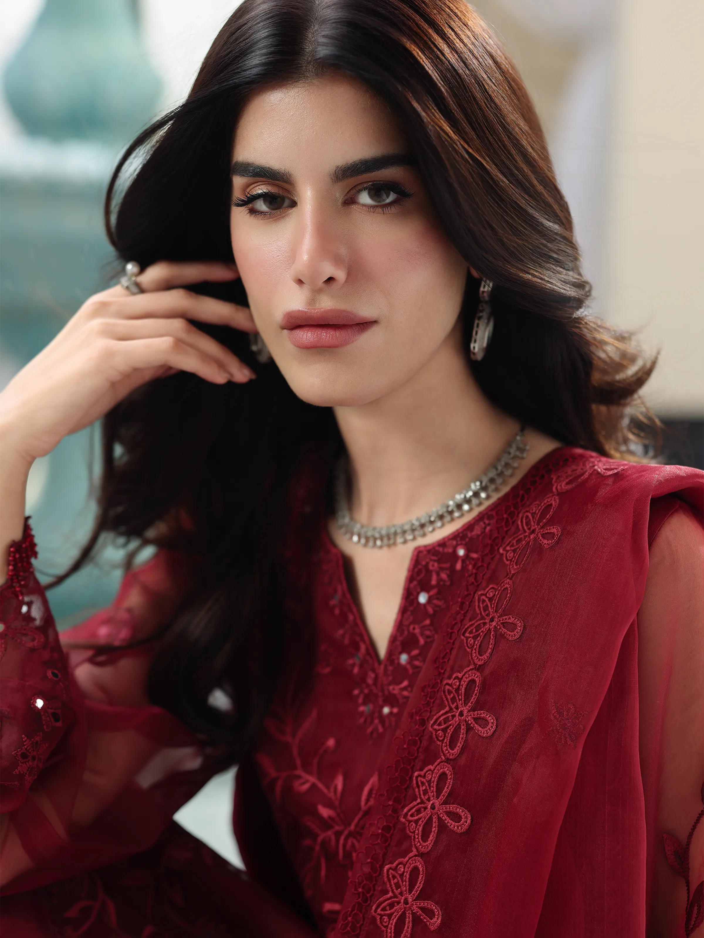 Embroidered Organza Suit - EWU5V4-31265-3P - Image 2