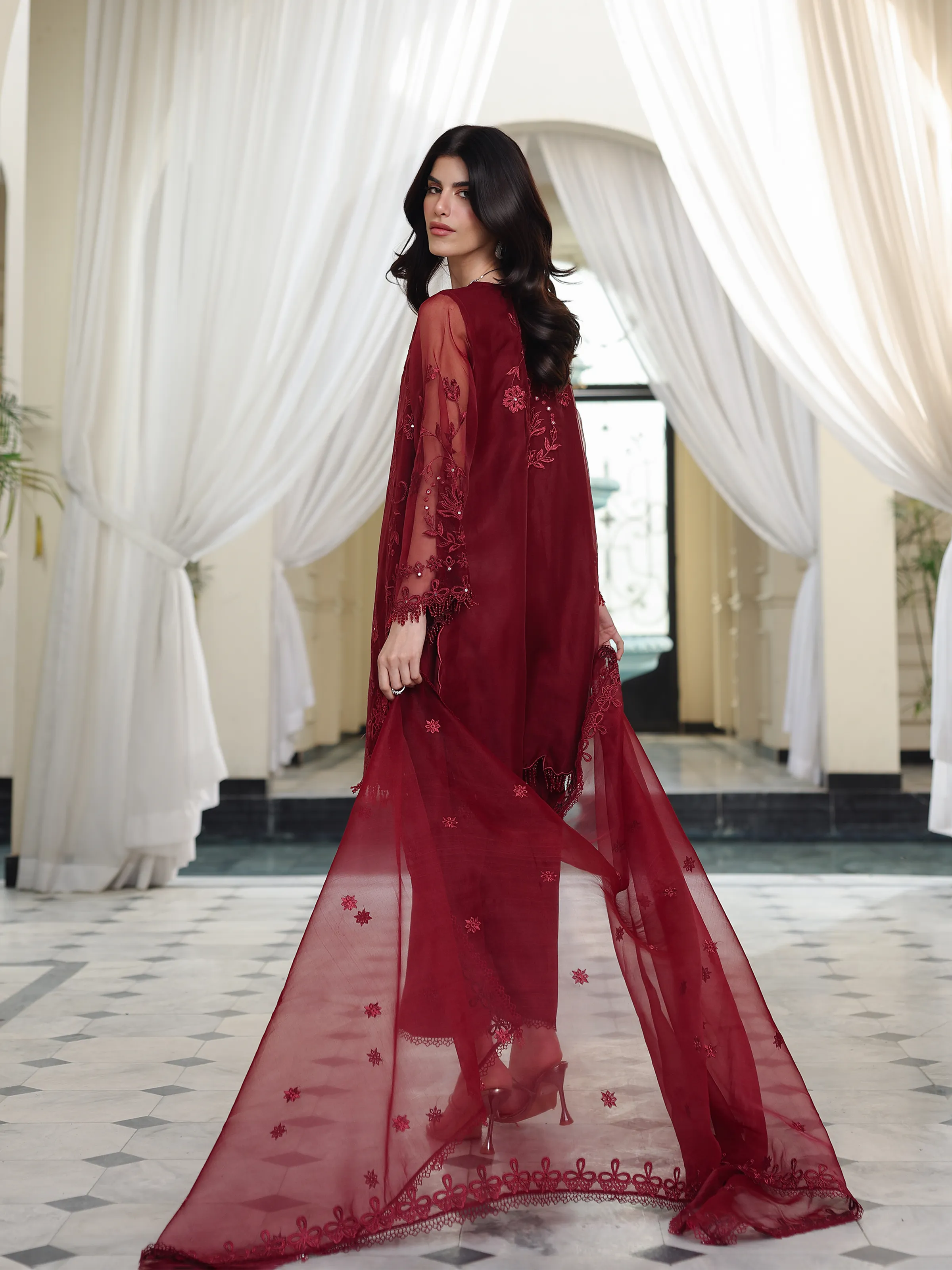 Embroidered Organza Suit - EWU5V4-31265-3P - Image 6