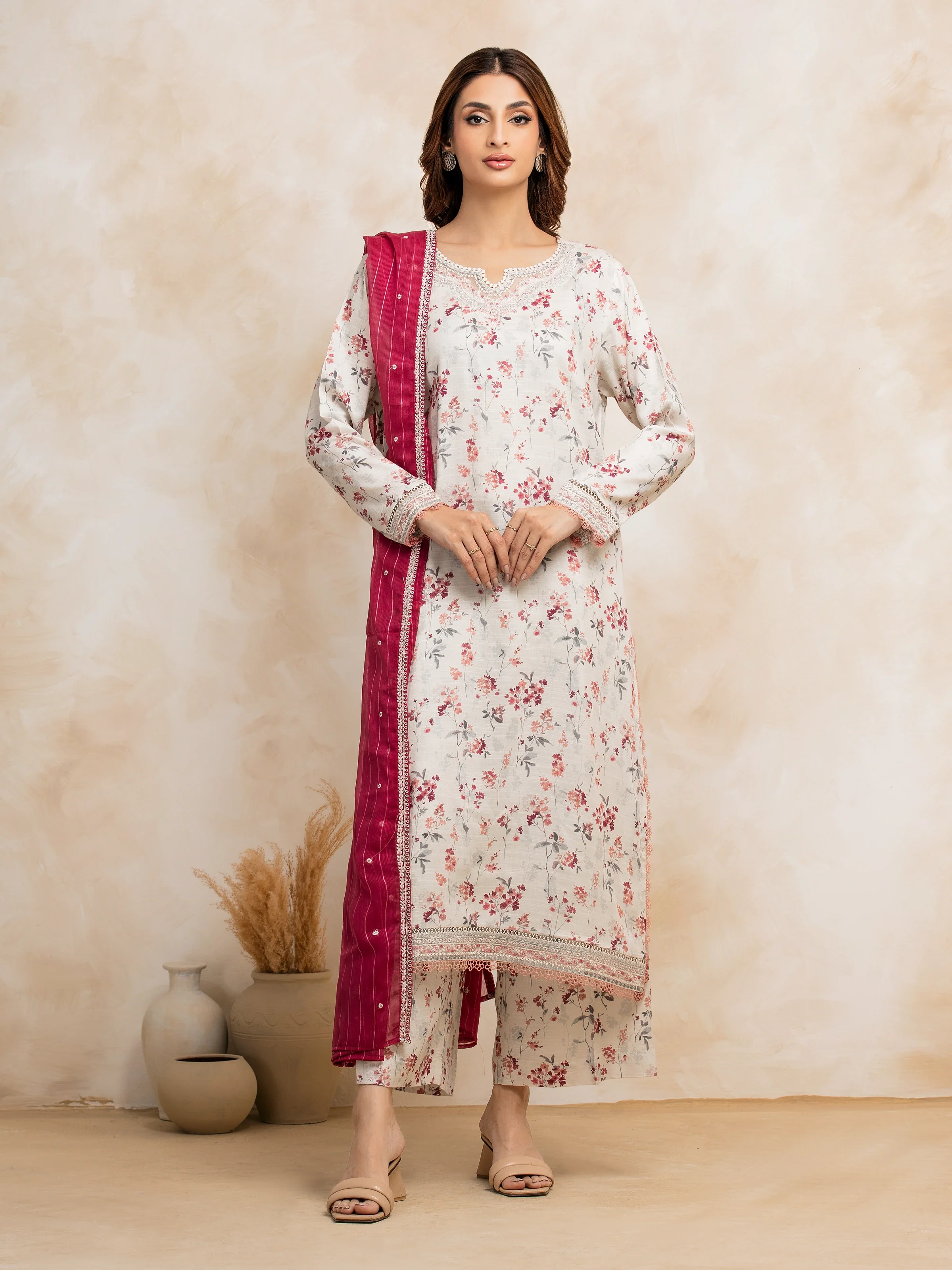 Embroidered Raw Silk Suit - EWU5V16-30221-3P