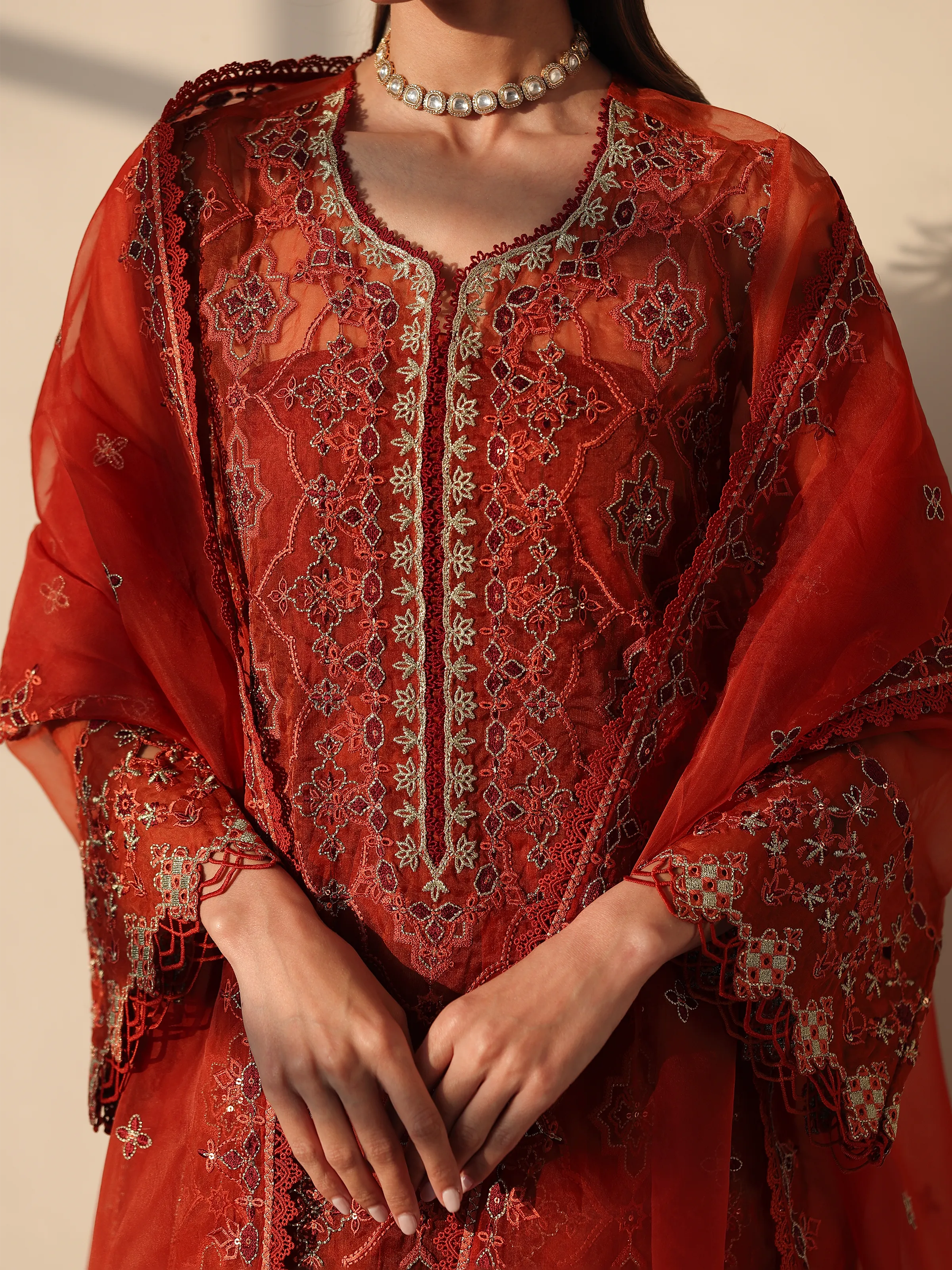 Embroidered Organza Suit - EWU5V4-31267-3P - Image 3