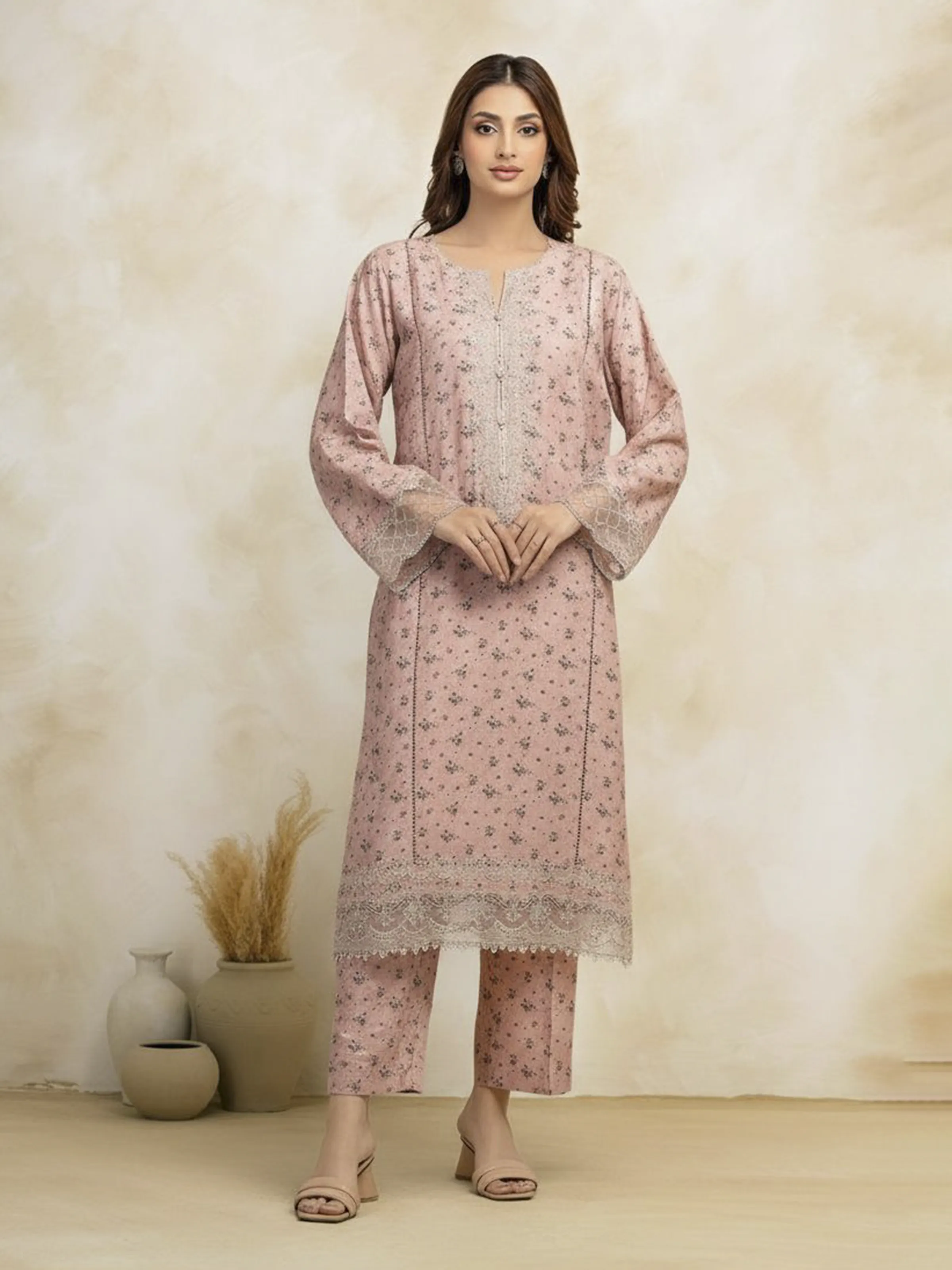 Embroidered Raw Silk Suit - EWU5V16-30226A-3P - Image 3