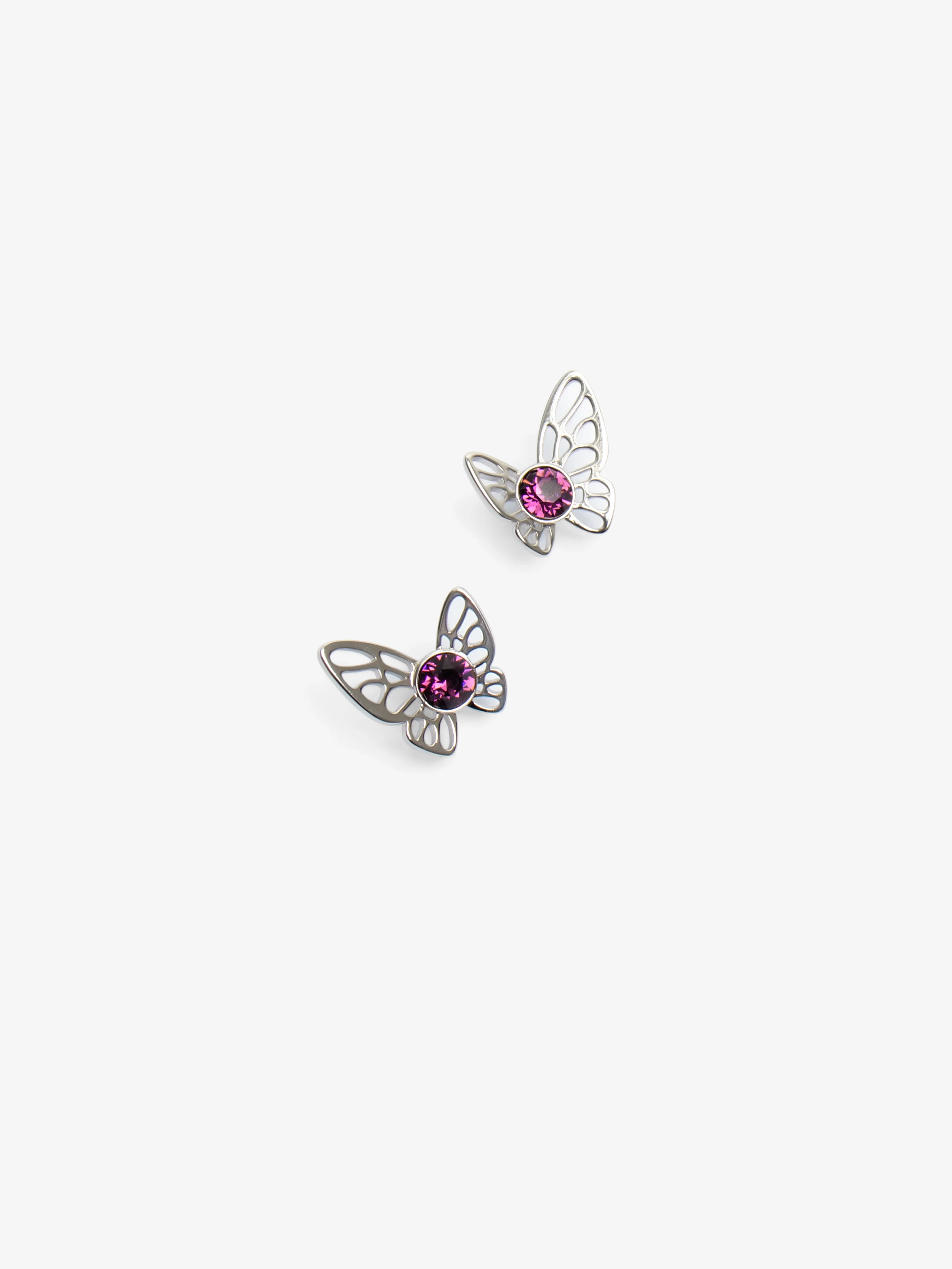 Sliver Butterfly Ear Studs With Pink Gemstone - EAWE5-011