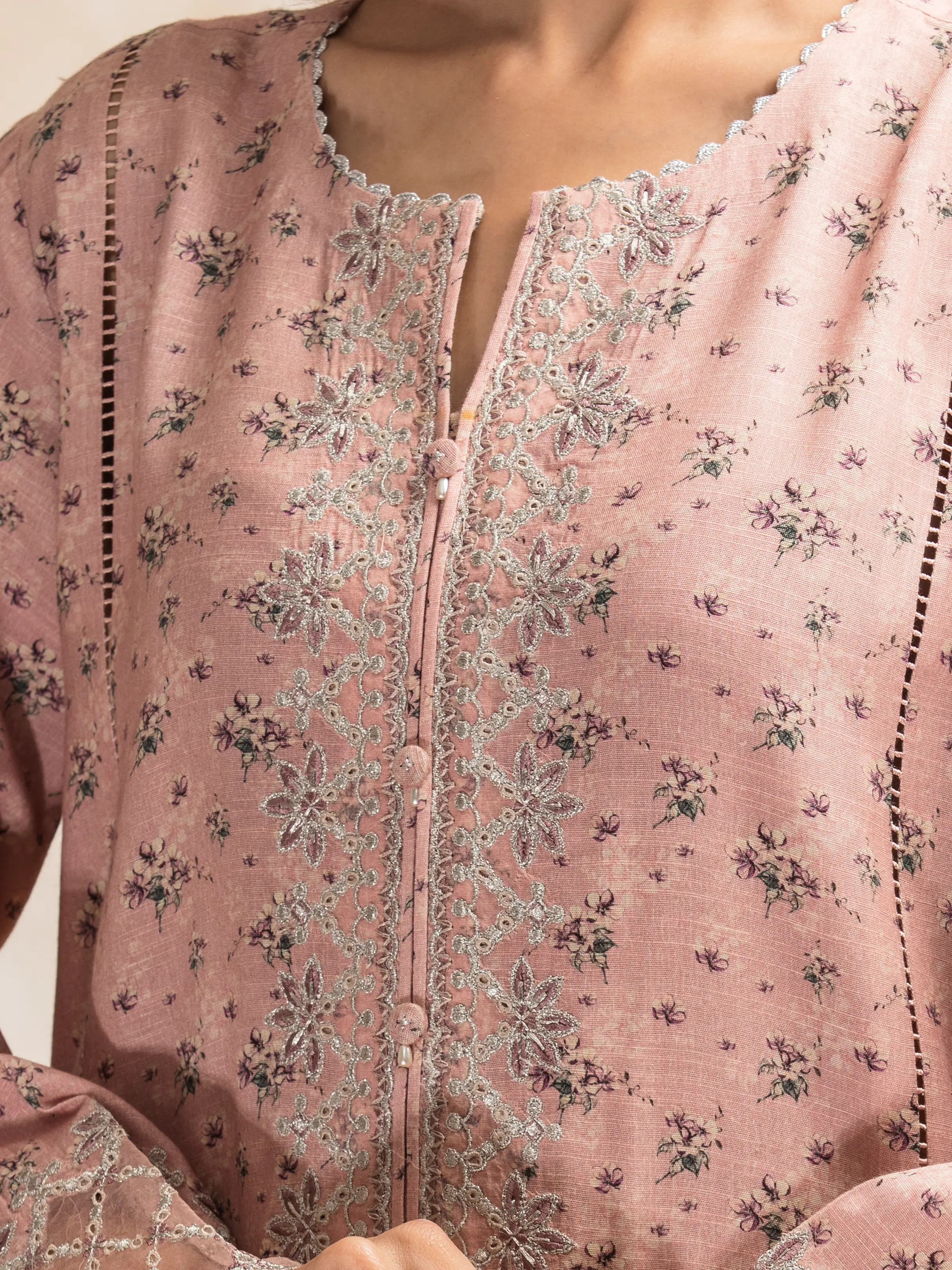 Embroidered Raw Silk Suit - EWU5V16-30226-3P - Image 4